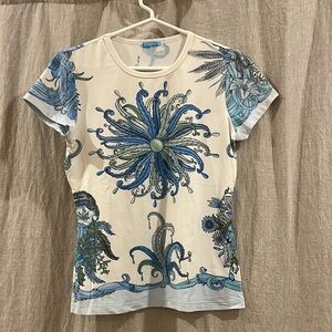 J. McLaughlin Blue Graphic Fitted Short Sleeve Tee